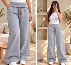Pantalon large taille haute à taille élastique – Gris (023333)