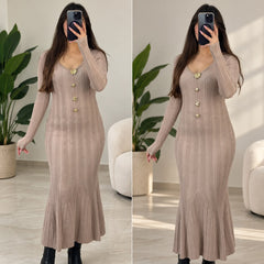 Robe longue femme en laine côtelée beige taupe col V boutons bijoux dorés – taille unique – 022796