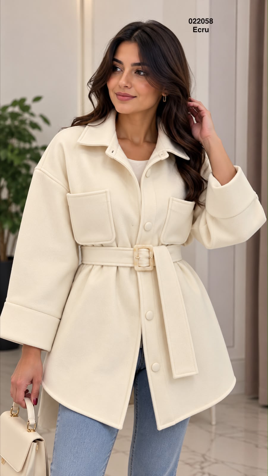 Veste femme écrue ceinturée avec poches plaquées et col chemise 022058