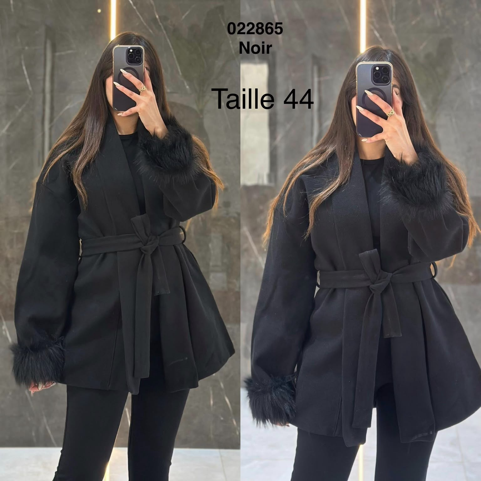 Gilet manteau femme noir à ceinture et poignets effet fourrure, taille 44 — réf. 022865