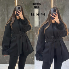 Gilet manteau femme noir à ceinture et poignets effet fourrure, taille 44 — réf. 022865
