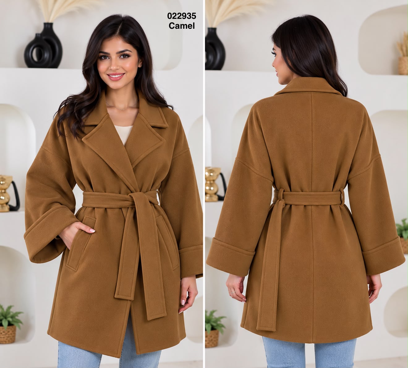 Manteau femme camel mi-long ceinturé à col revers, face et dos, référence 022935