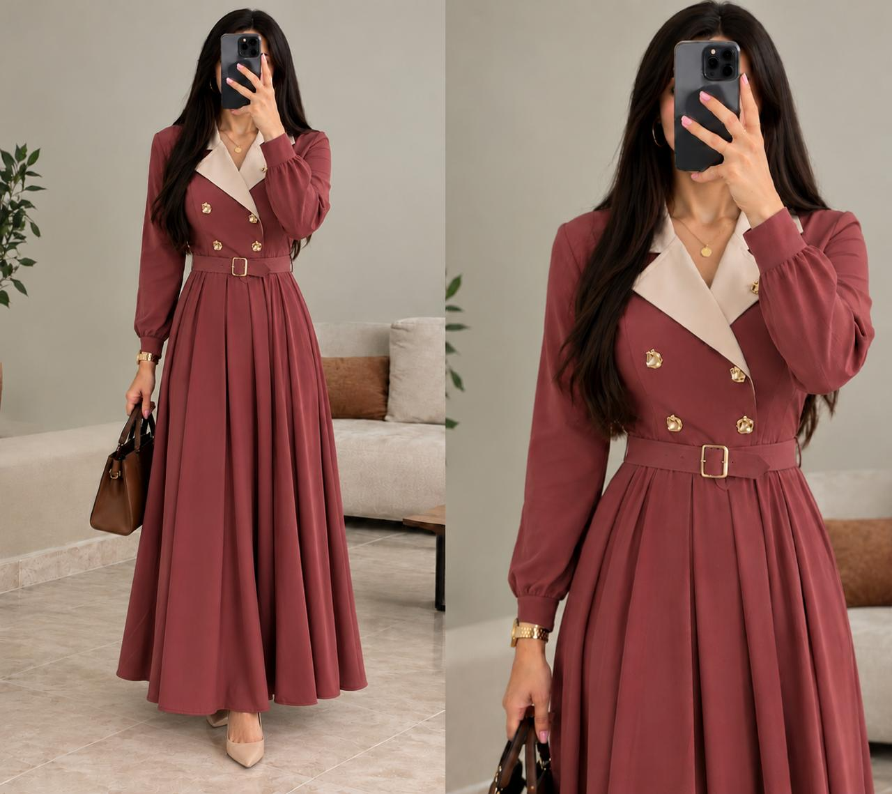 Robe longue vieux rose femme à col beige, boutons dorés et ceinture – 022987
