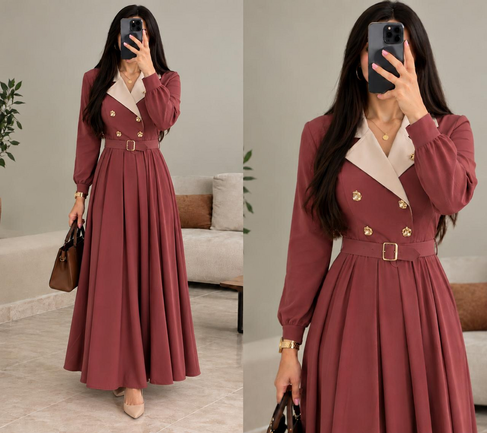 Robe longue vieux rose femme à col beige, boutons dorés et ceinture – 022987
