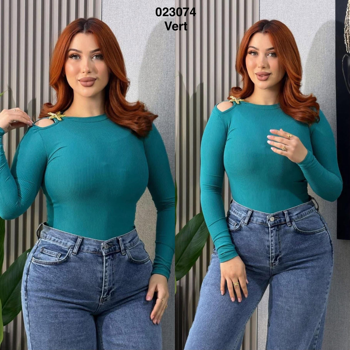 Pull femme côtelé 023074 vert à épaule ajourée avec broche étoile dorée