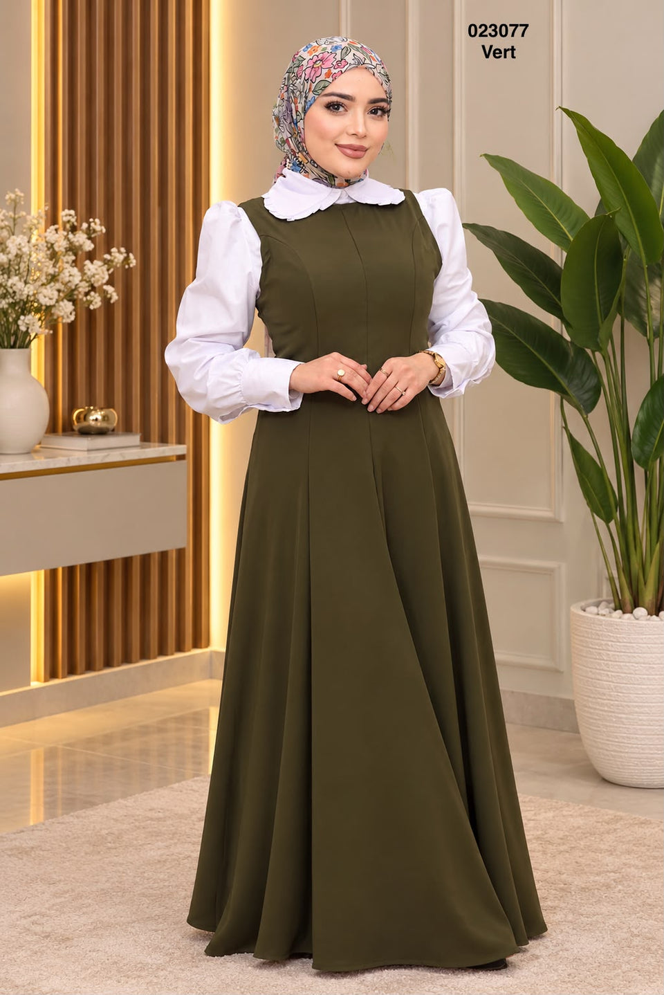 Robe longue évasée vert kaki femme — 023077