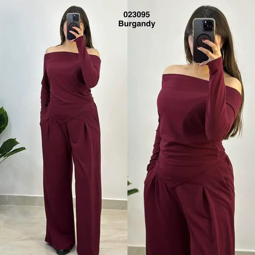 Ensemble femme 2 pièces Burgundy bordeaux, haut épaules dénudées et pantalon large – 023095