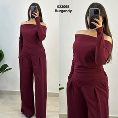 Ensemble femme 2 pièces Burgundy bordeaux, haut épaules dénudées et pantalon large – 023095