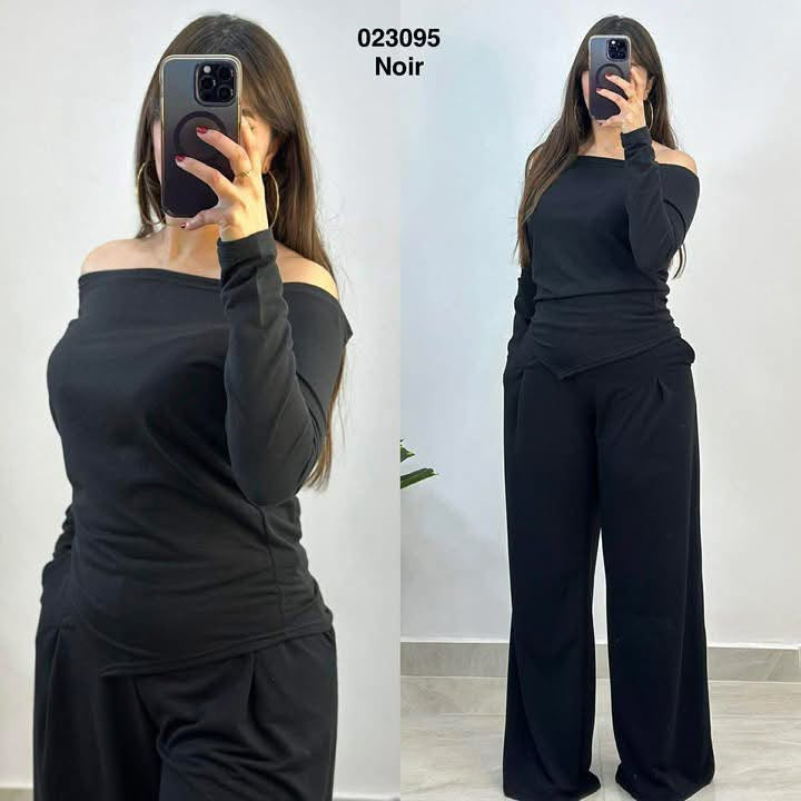 Ensemble femme 2 pièces noir, haut épaules dénudées et pantalon large – 023095