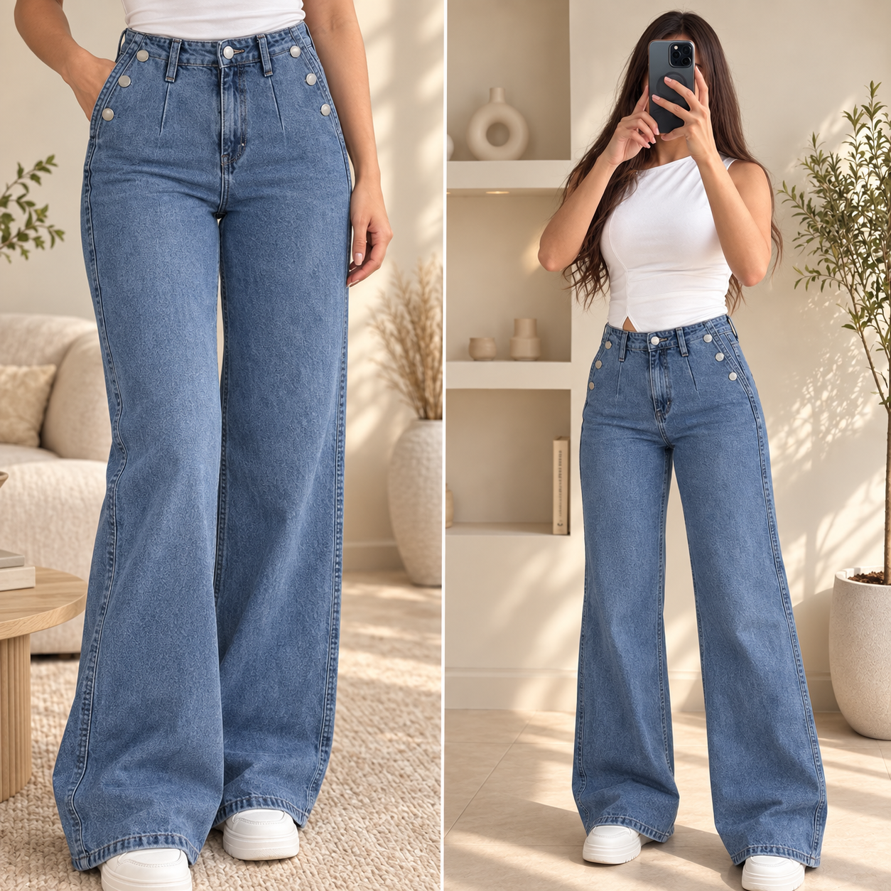 Jean large femme bleu taille haute boutons - article 023267