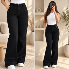 Jean large femme noir taille haute boutons - article 023267