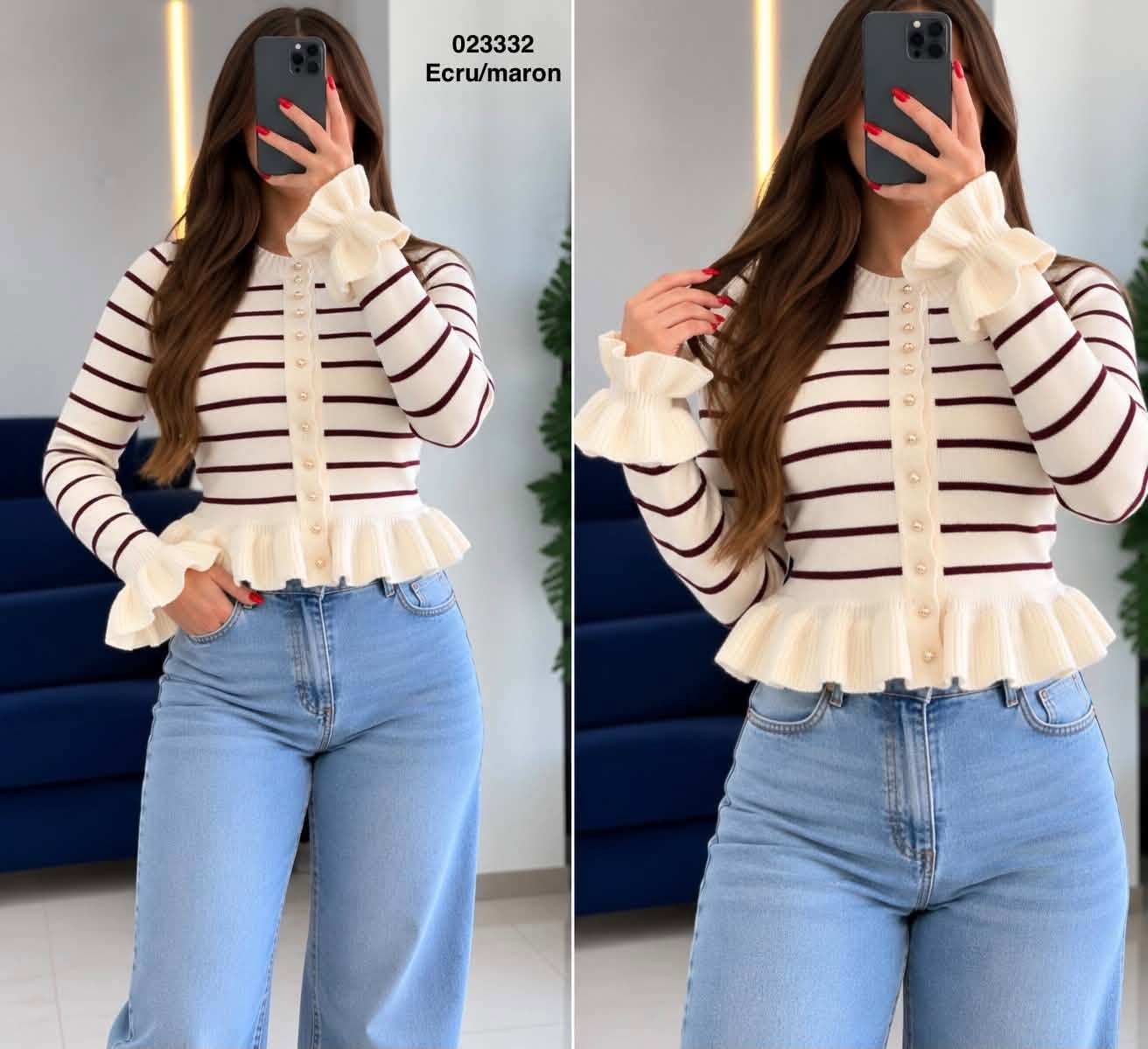 Pull laine rayé 023332, coloris Ecru/maron