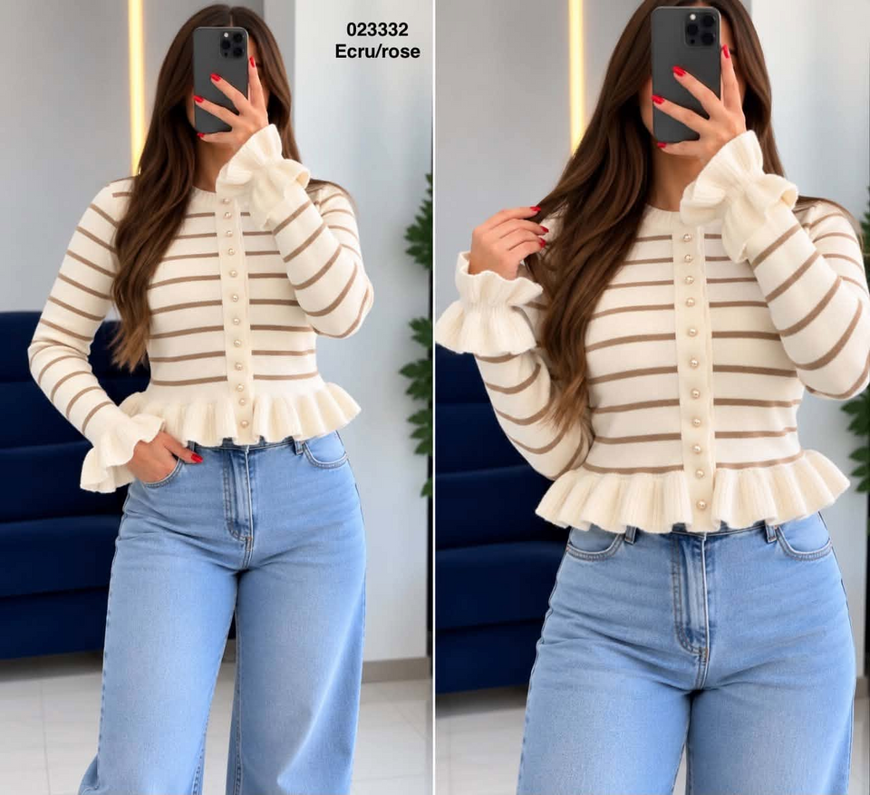 Pull laine rayé 023332, coloris Ecru/rose