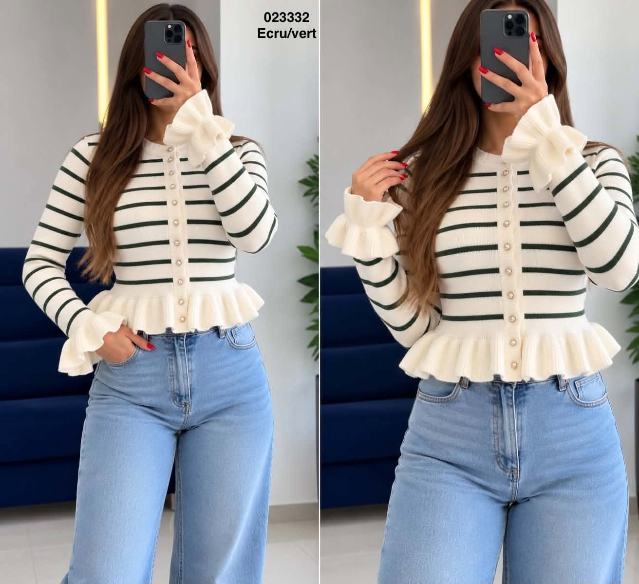 Pull laine rayé 023332, coloris Ecru/vert