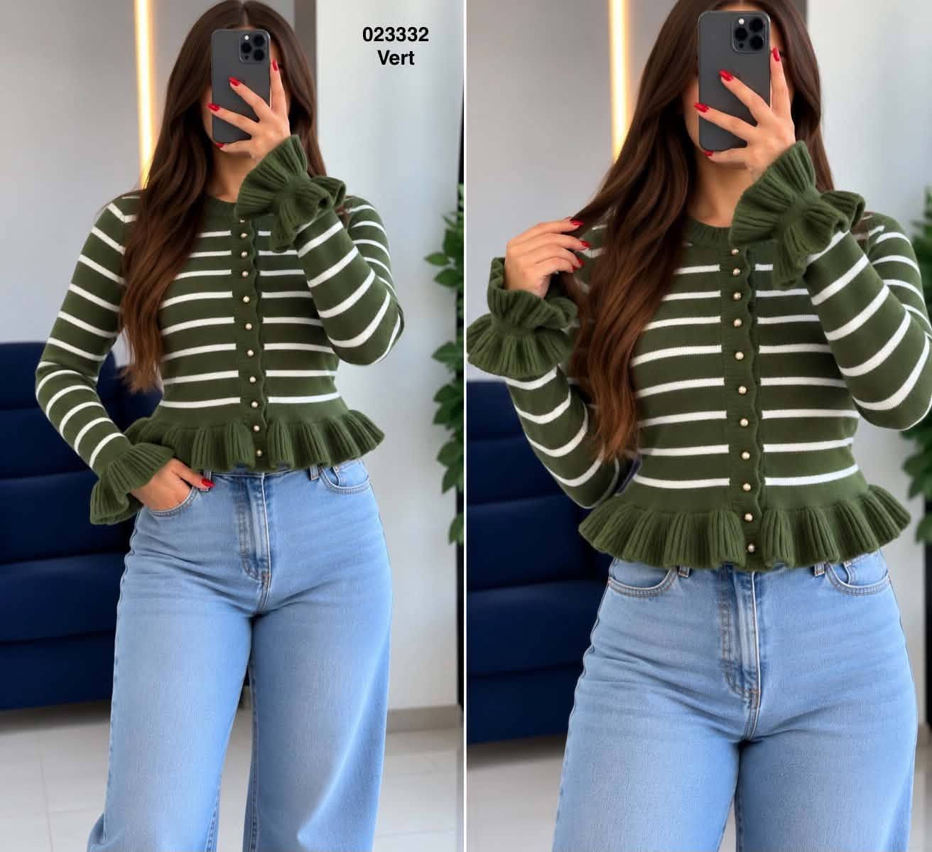 Pull laine rayé 023332, coloris Vert