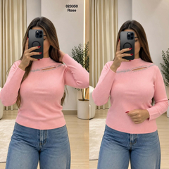 Pull laine strass ouverture décorative – Rose – 023350