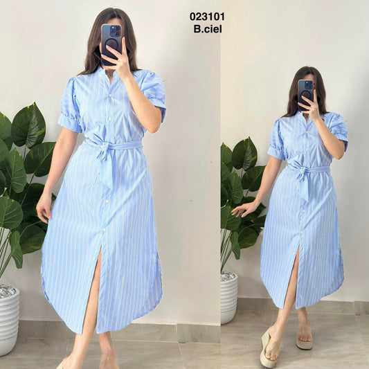 Robe rayé demi manche avec ceinture 023101