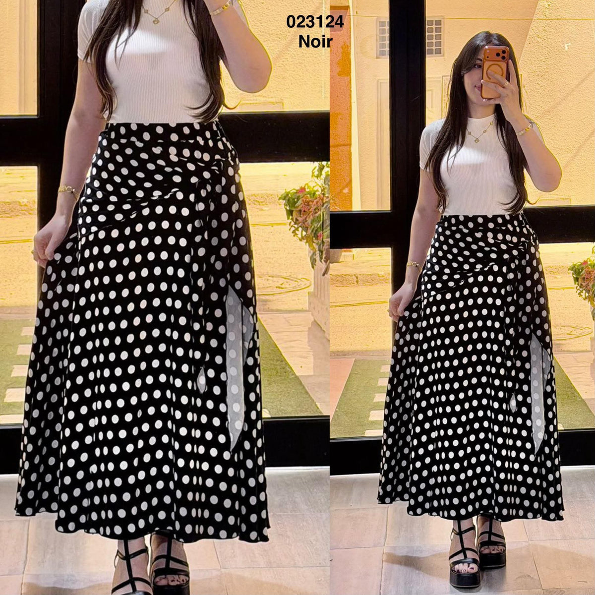 Jupe Midi a pois avec ceinture 023124