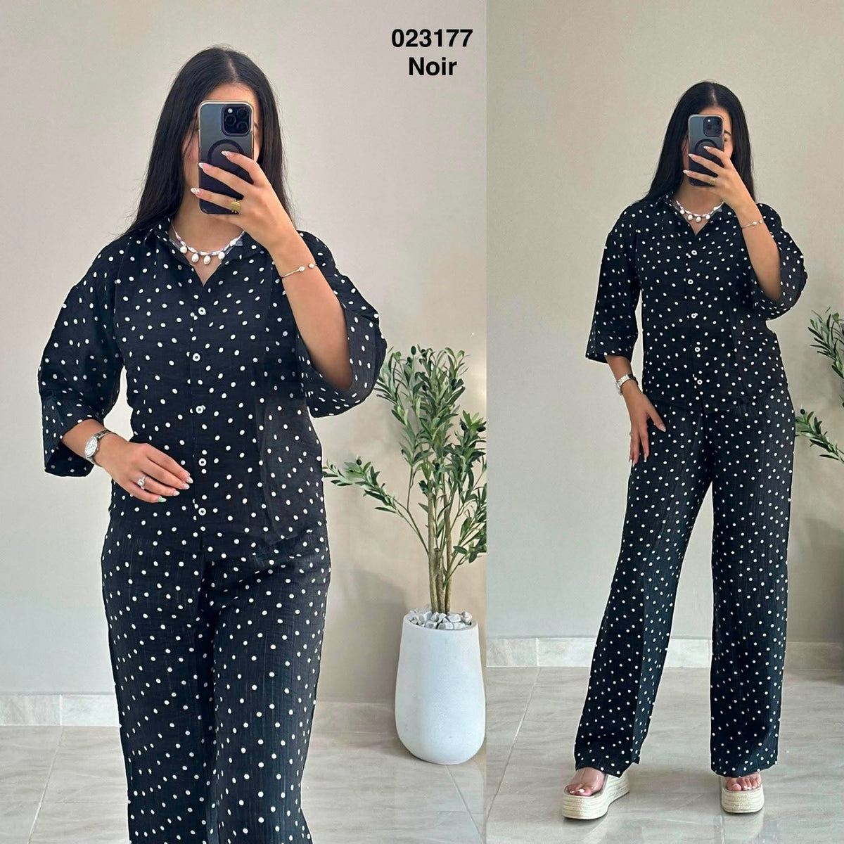 Ensemble 2 pièces chemise + pantalon à pois pour femme Sympatico Tunisie – vue 2