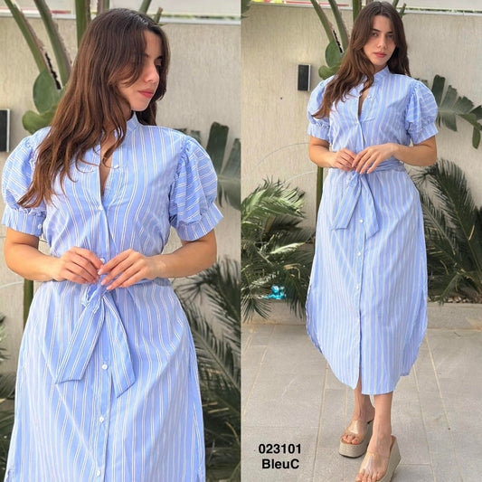 Robe rayé demi manche avec ceinture 023101