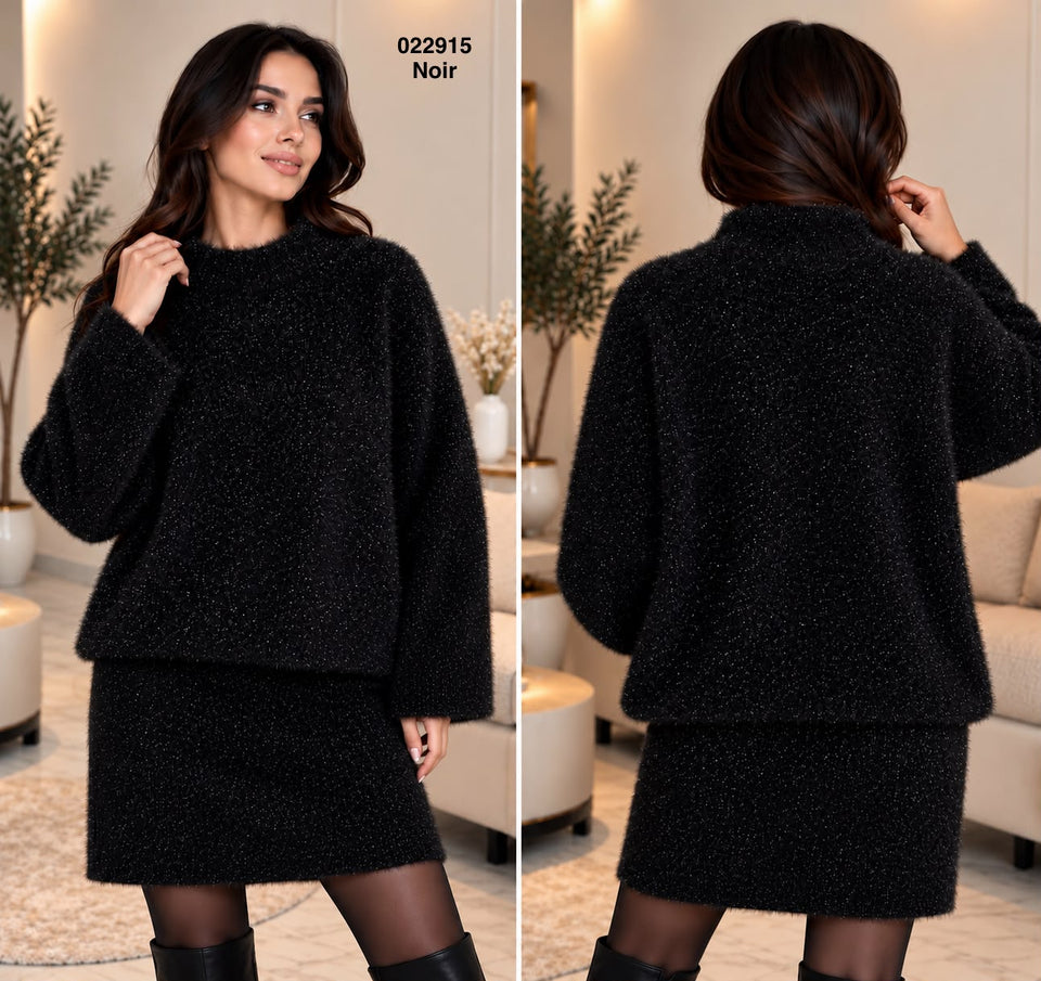 Ensemble femme pull et jupe noir scintillant 022915 vue de face et de dos