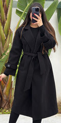Manteau long noir femme avec ceinture nouée – 022903