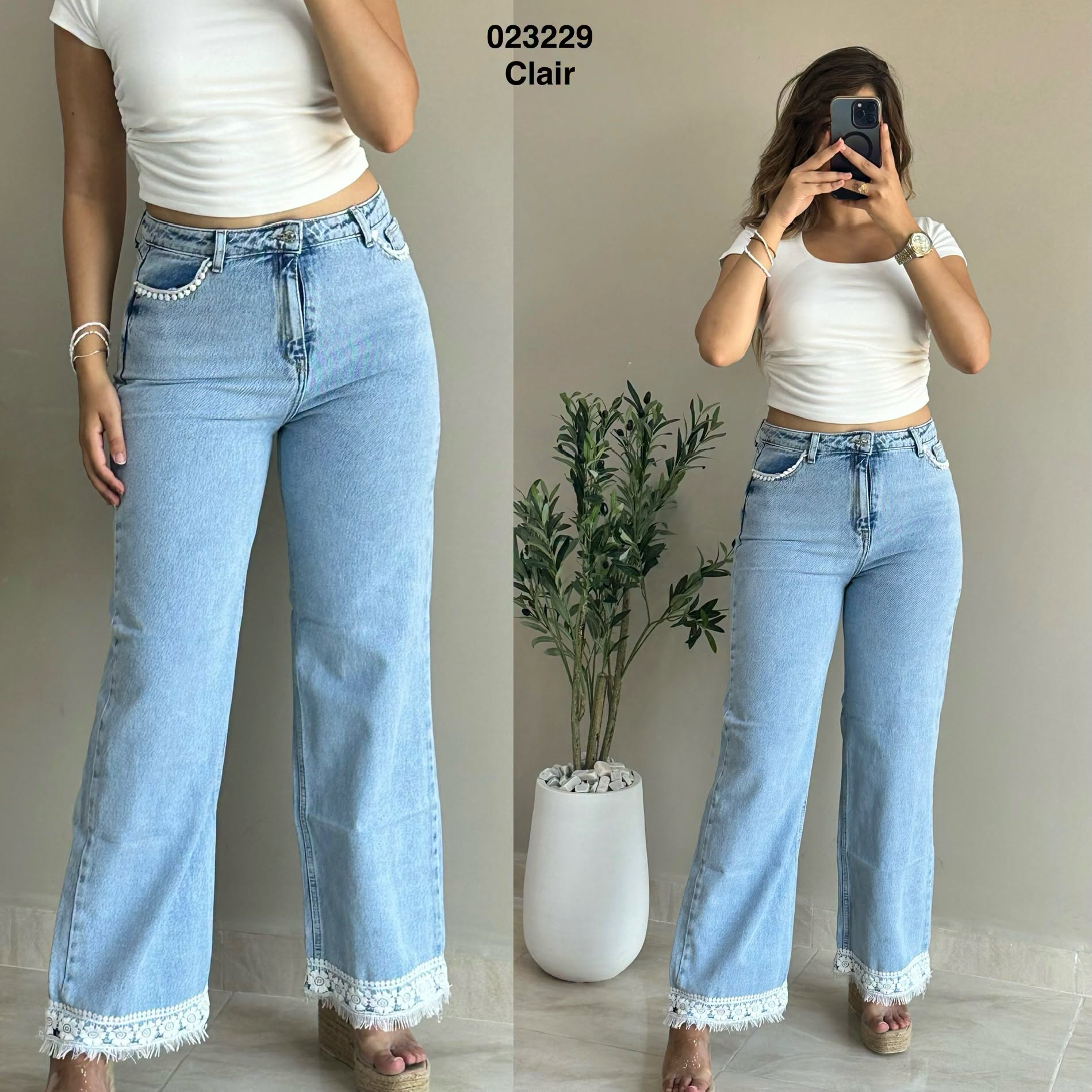 Pantalon large dentelle 023229 couleur Clair