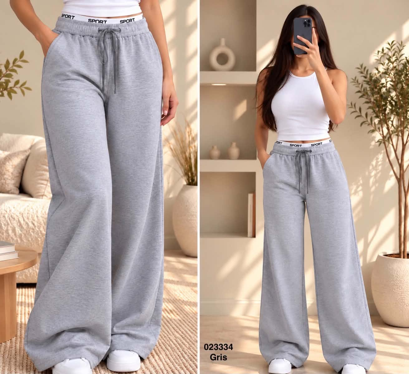 Pantalon sport wide leg gris réf. 023334, deux vues