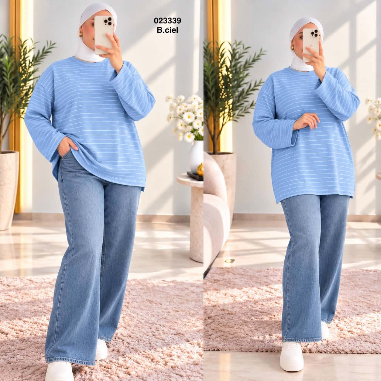 Pull femme rayé bleu ciel 023339