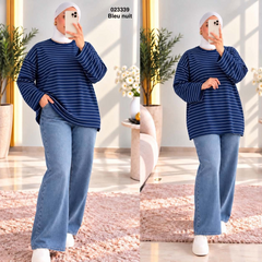 Pull femme rayé bleu nuit 023339