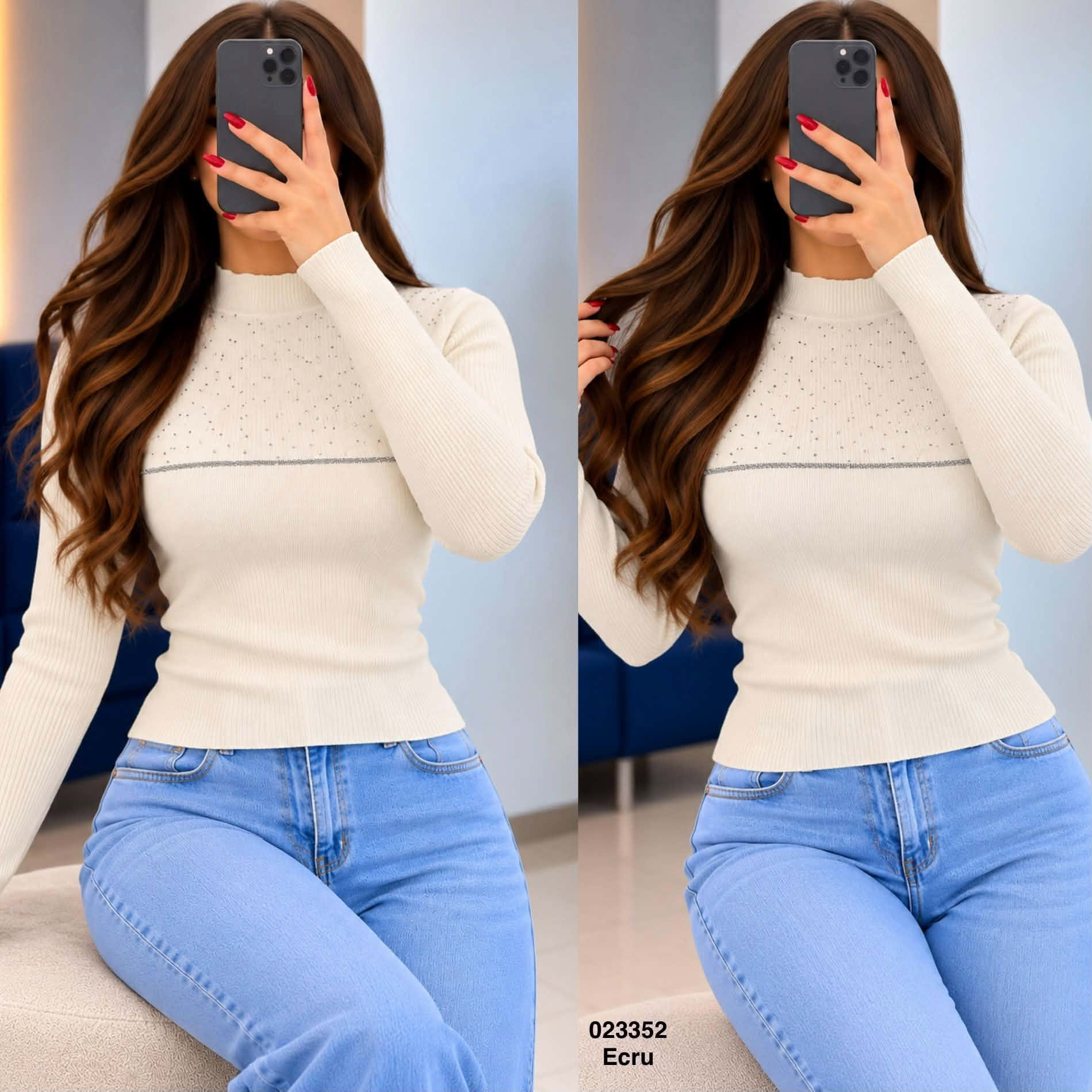 Pull col montant orné de strass - Écru - SKU 023352-07
