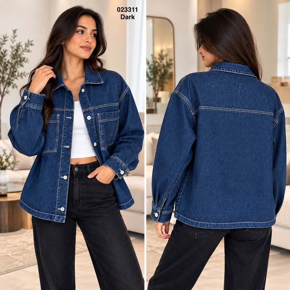 Veste en jean femme boutonnée à poche poitrine – 023311 — modèle porté