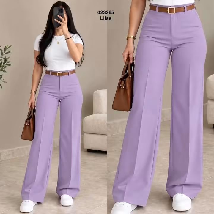 Pantalon large femme sans plis avec ceinture – 023265