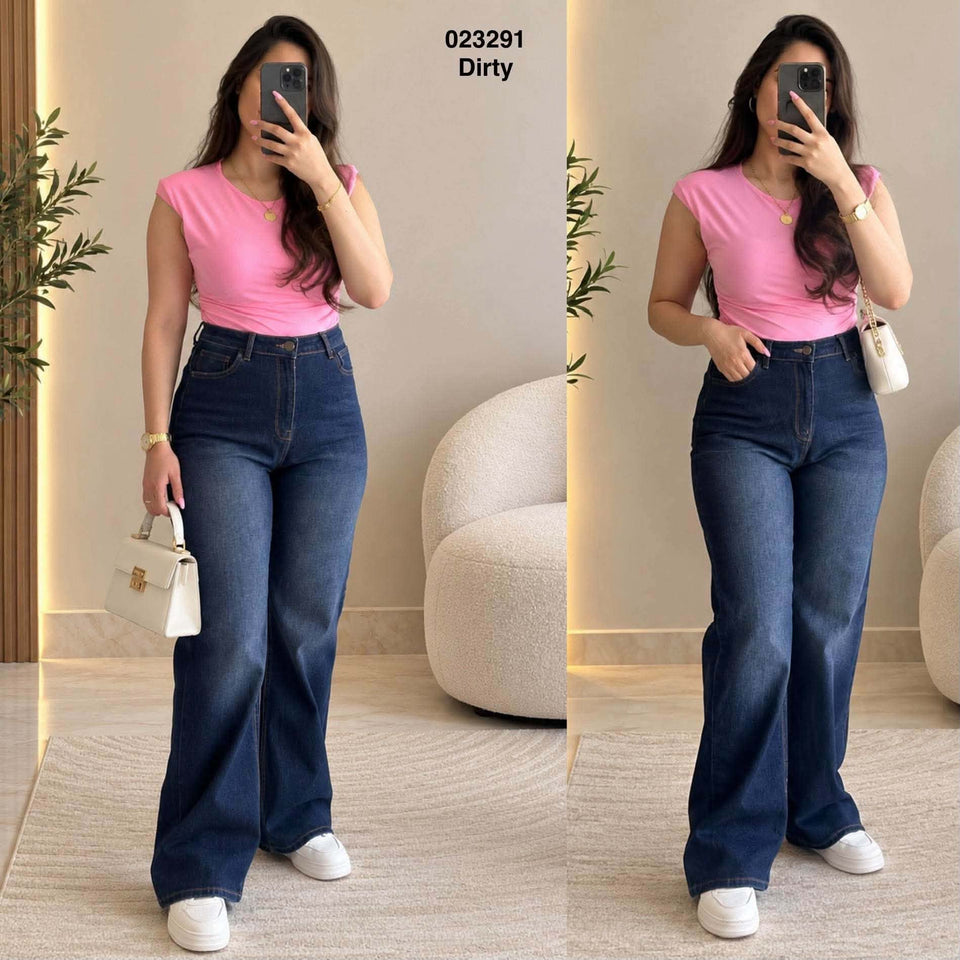 Jean évasé femme taille haute à poches – 023291 — modèle porté