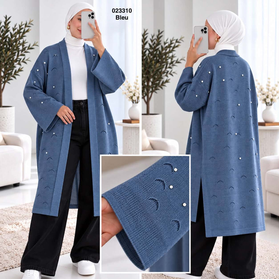 Gilet long femme à perles et manches longues – 023310 — modèle porté