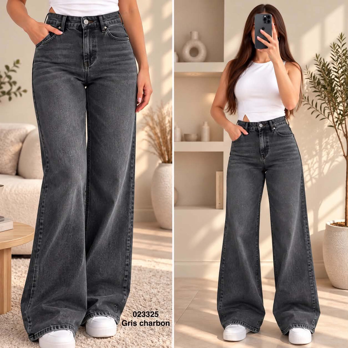 Jean large gris femme taille haute – 023325 — modèle porté