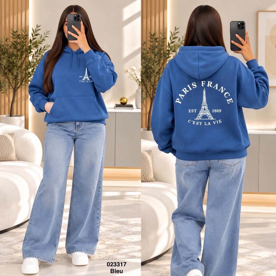 Sweat à capuche femme Paris France C’est la vie – 023317 — modèle porté