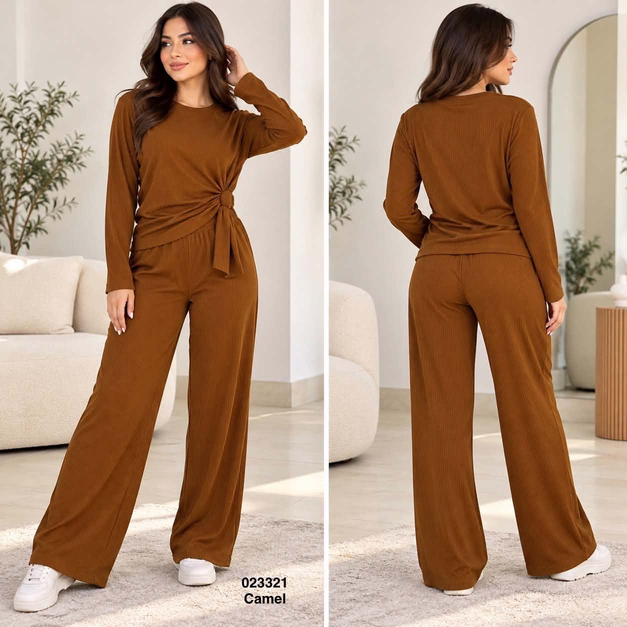 Ensemble femme top noué à la taille et pantalon large – 023321