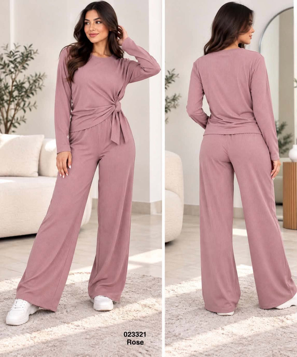 Ensemble femme top noué à la taille et pantalon large – 023321