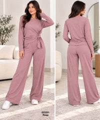 Ensemble femme top noué à la taille et pantalon large – 023321