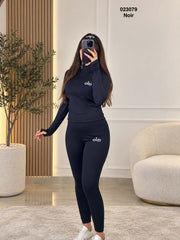 Ensemble sport femme 2 pièces noir – haut zippé et legging – 023079