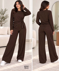 Ensemble femme top noué à la taille et pantalon large – 023321