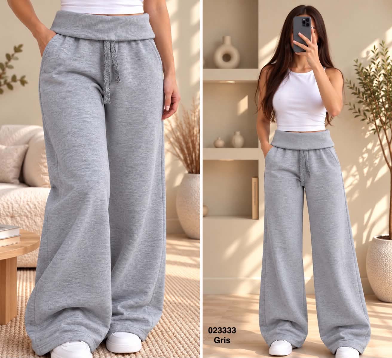 Pantalon large taille haute à taille élastique – Gris (023333)