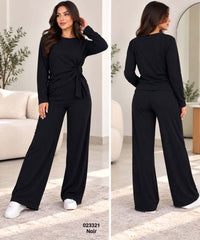 Ensemble femme top noué à la taille et pantalon large – 023321