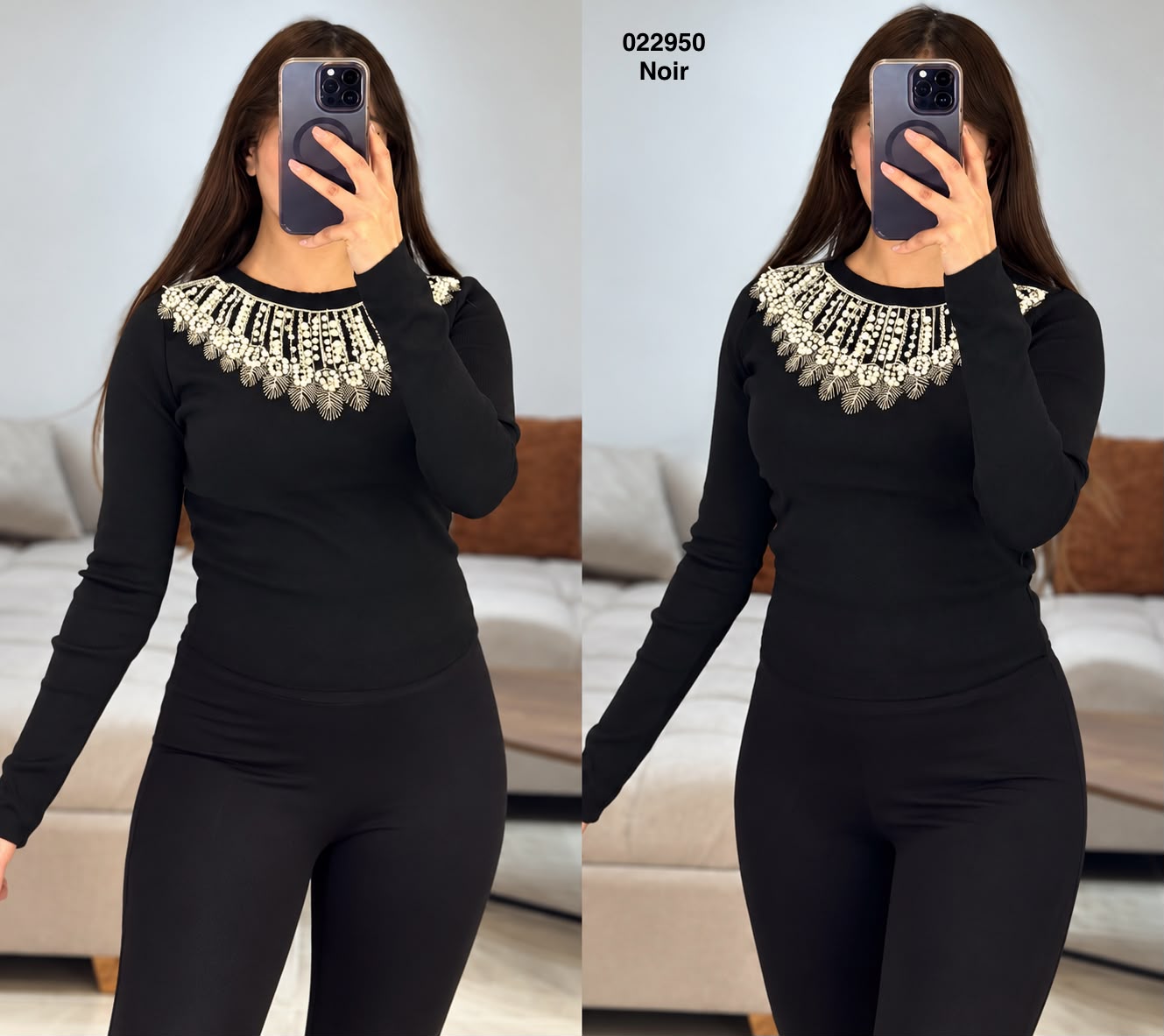 Pull noir femme manches longues à broderie autour du col - réf. 022950