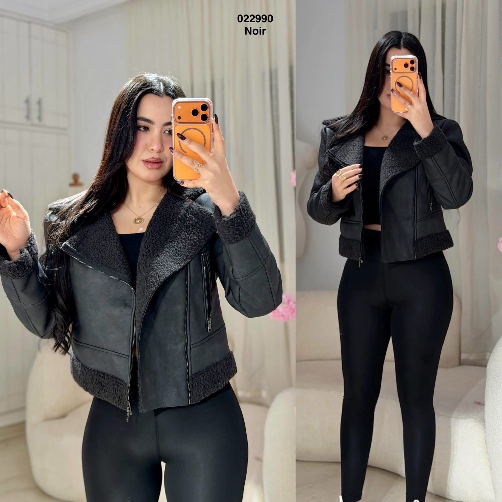 Veste femme noire courte effet cuir avec col et poignets moutonnés – 022990