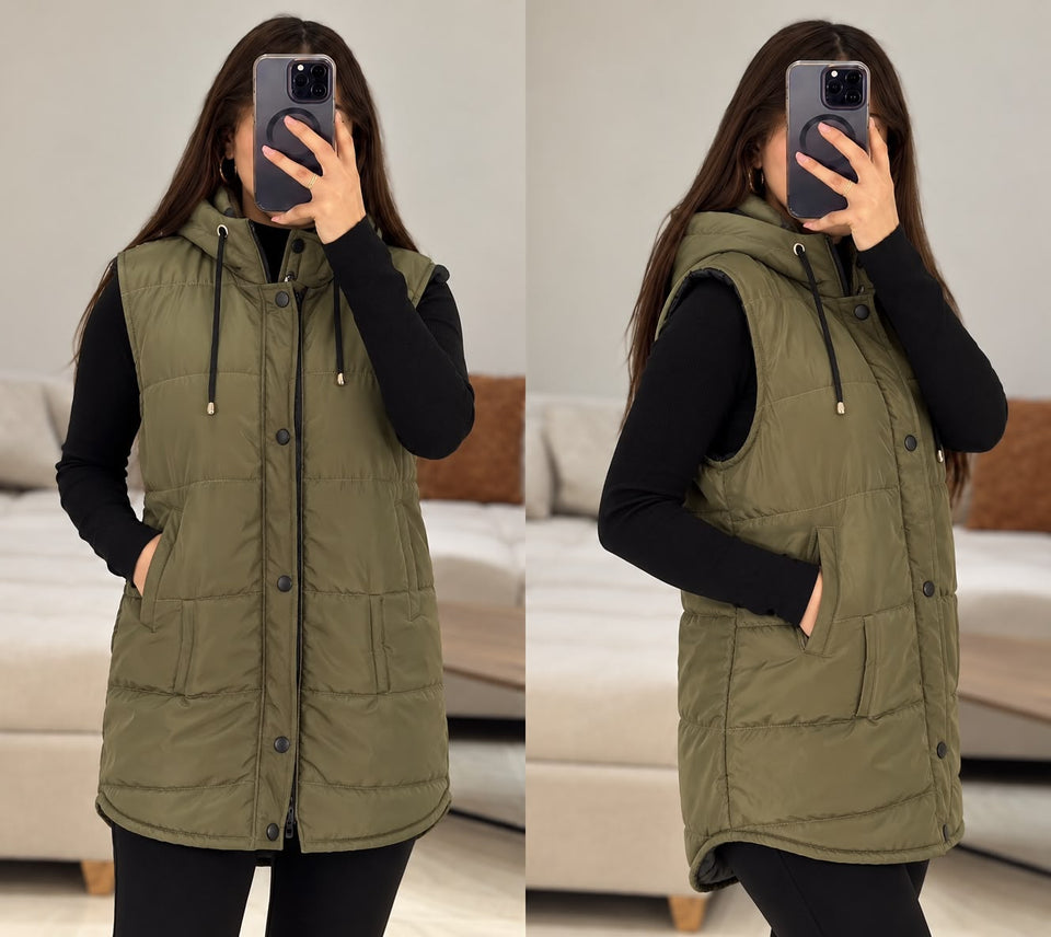 Doudoune femme kaki longue sans manches à capuche, poches, fermeture zippée - réf. 022795