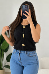 Gilet noir femme sans manches maille duveteuse boutons dorés taille unique – 023051