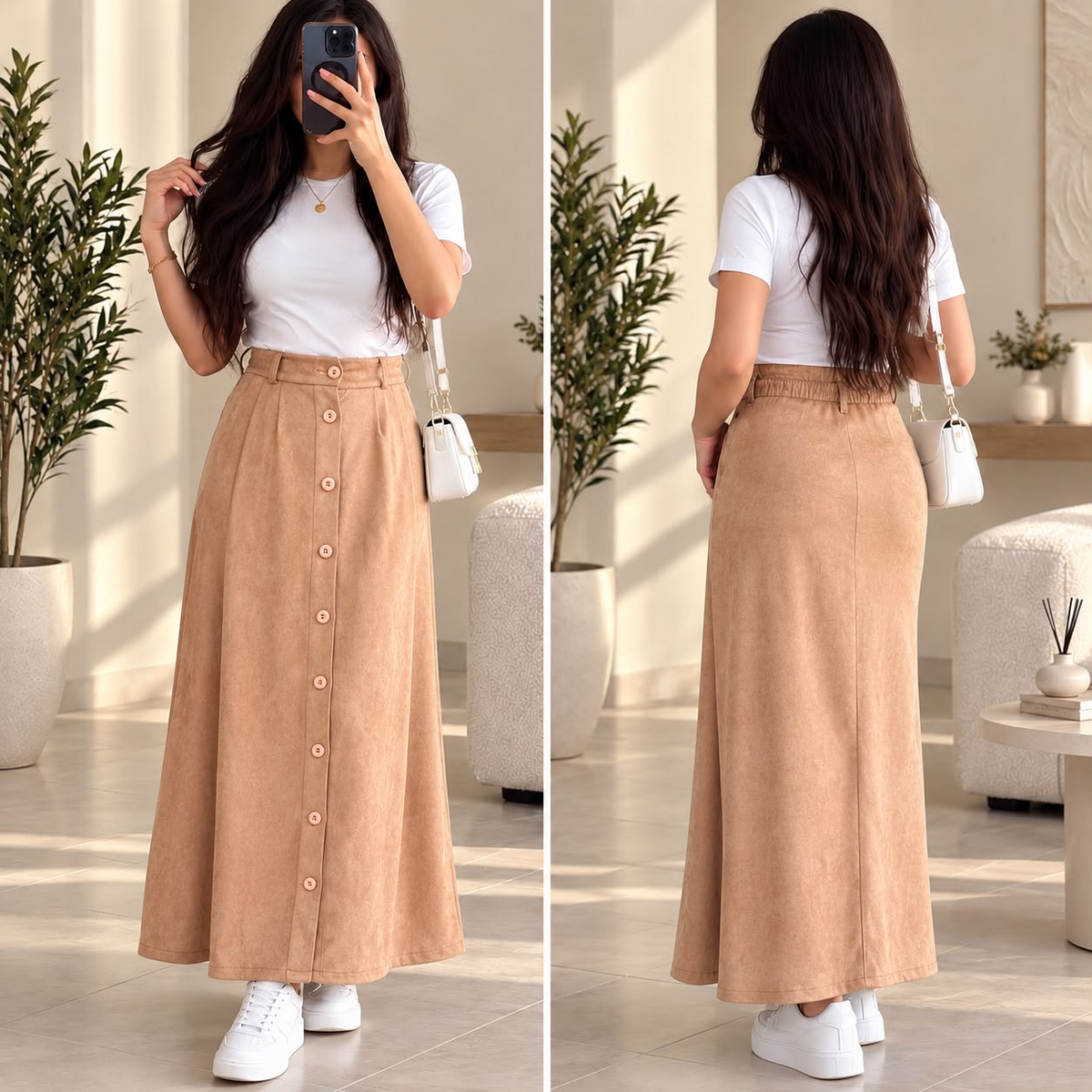 Jupe longue femme camel boutonnée sur le devant taille haute, taille 1 (36-38), référence 023023