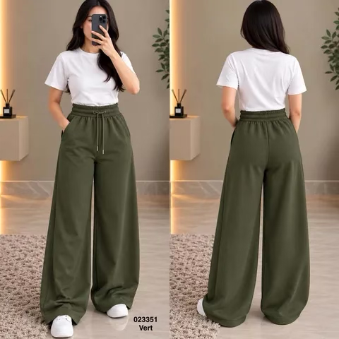 Pantalon large femme 023351 Vert face et dos